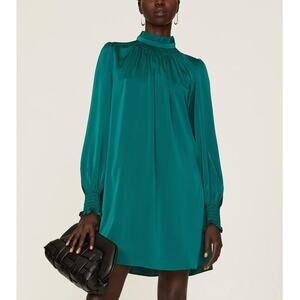 Adam Lippes Dress Mock Neck Satin Puff Long Sleeve Ruffled  Mini Shift Green 8